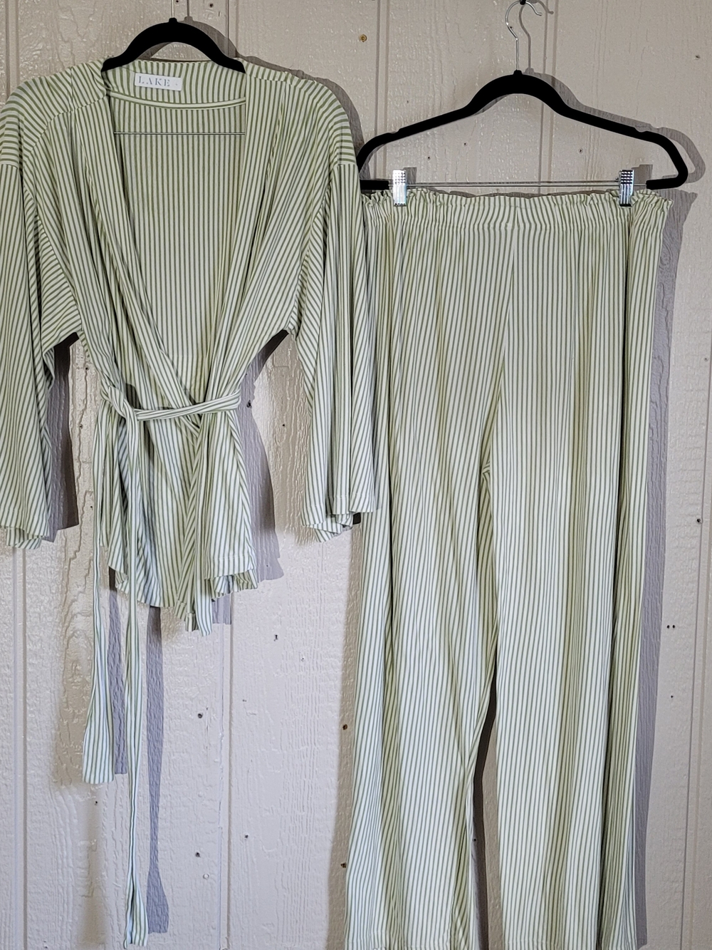 Light Green Striped Wrap Pajama Top & Wide-Leg Pants